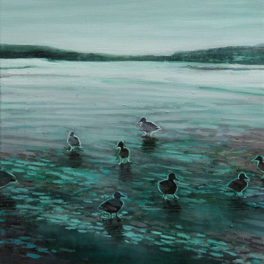 Joseph Davey. Ducks on the ice of Storsjön.