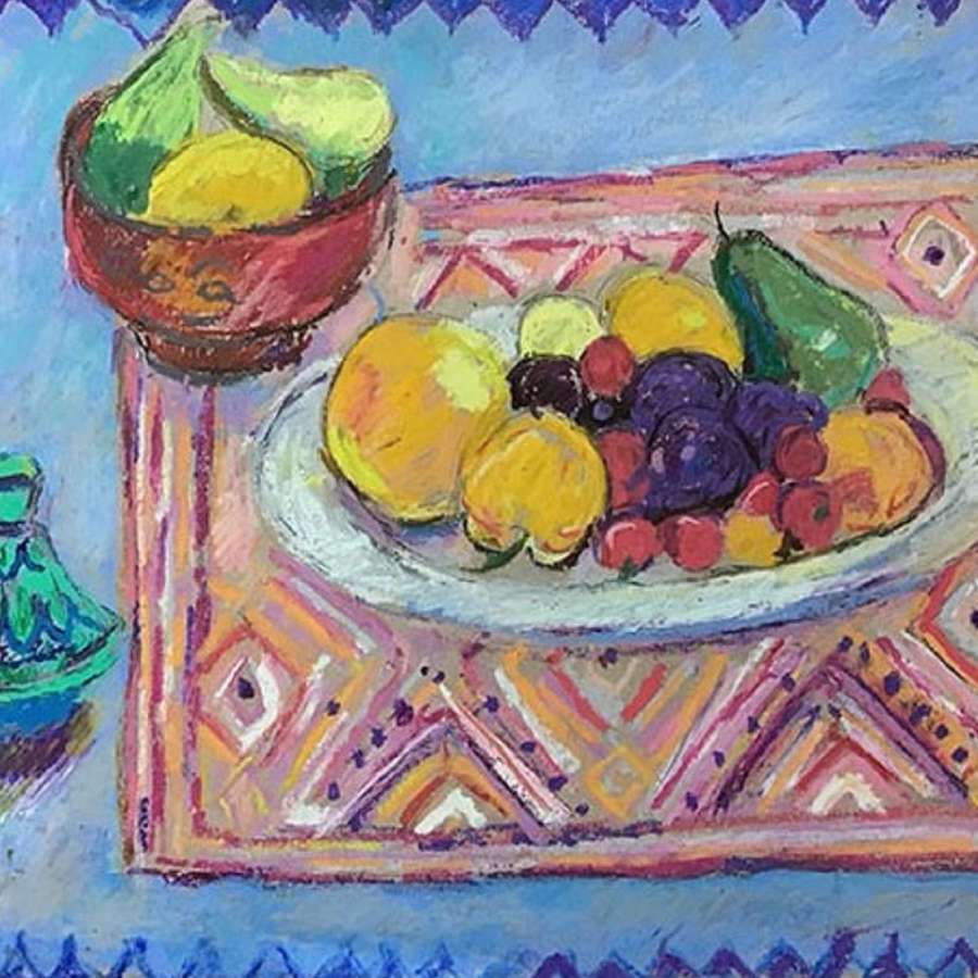 Antonia Ogilvie-Forbes. Fruit on patterned textiles.
