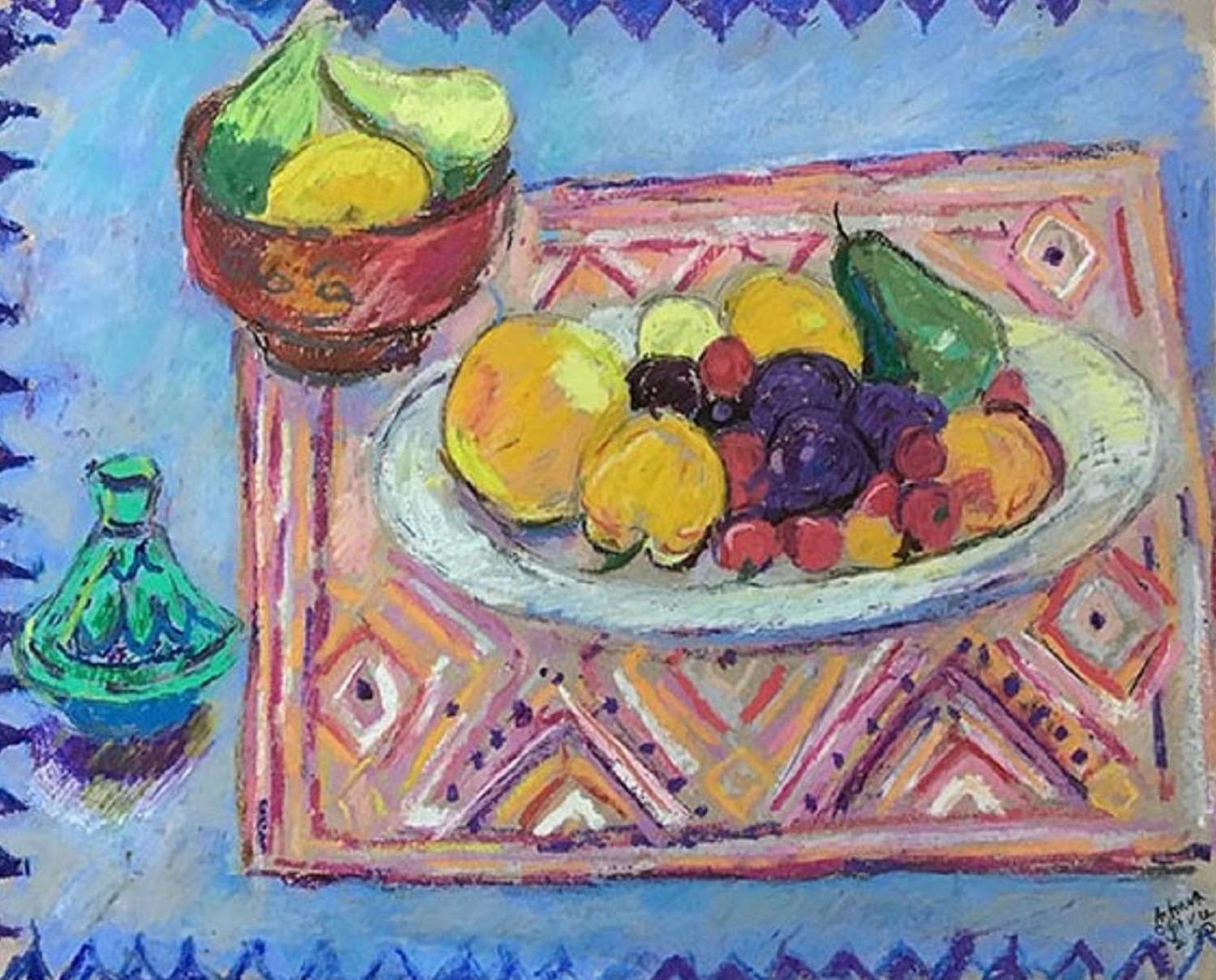 Antonia Ogilvie-Forbes. Fruit on patterned textiles.